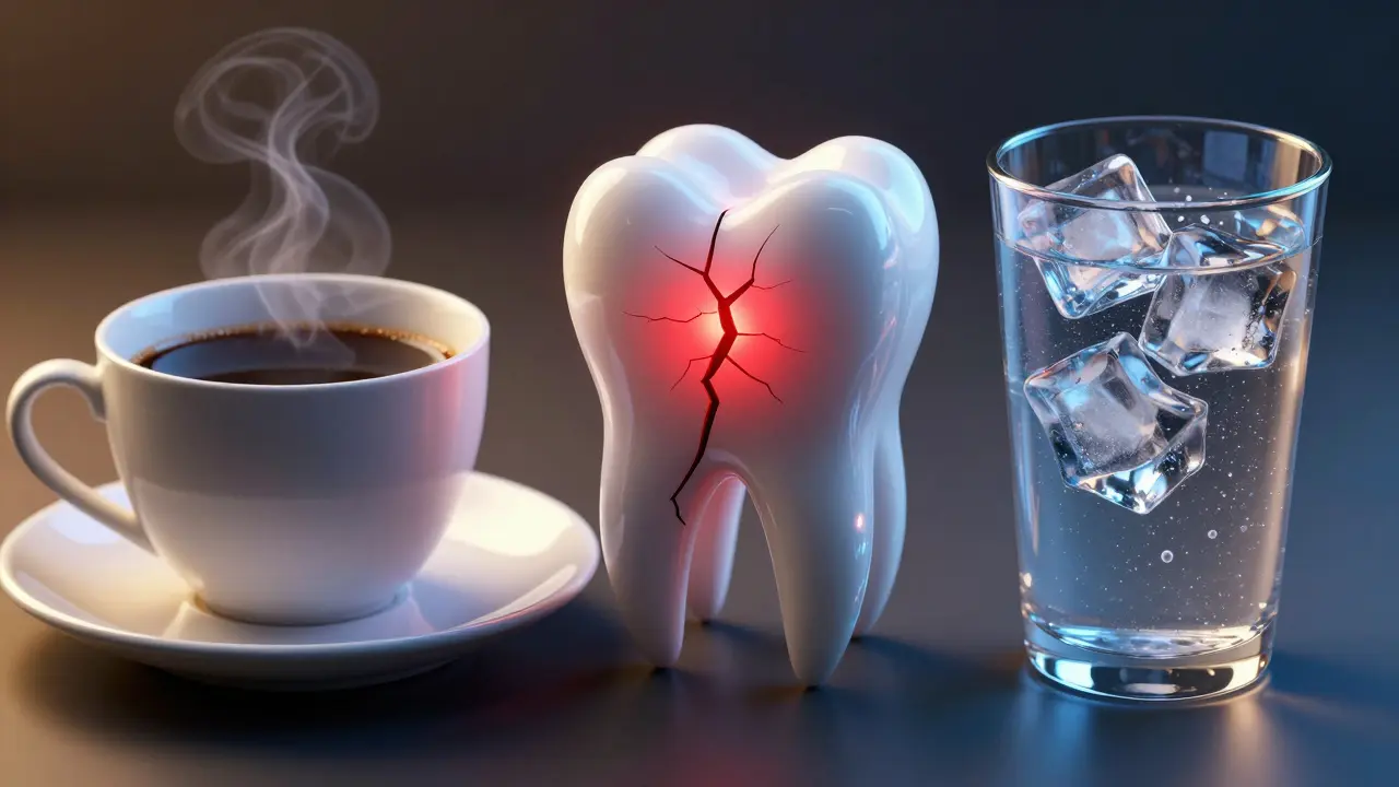 Konceptuální zobrazení termického šoku u zubu mezi horkou kávou a ledovou vodou.