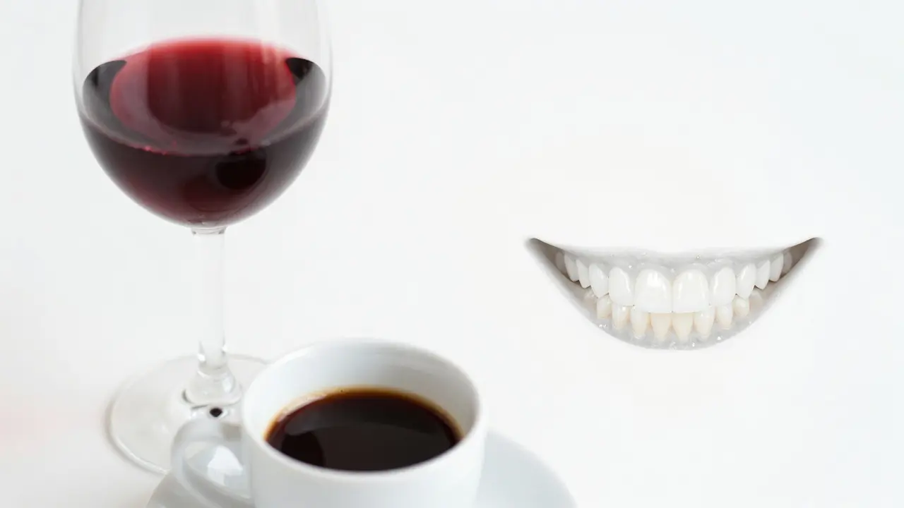 Kontrast mezi bílým úsměvem a potravinami, které mohou způsobit barvení zubů.