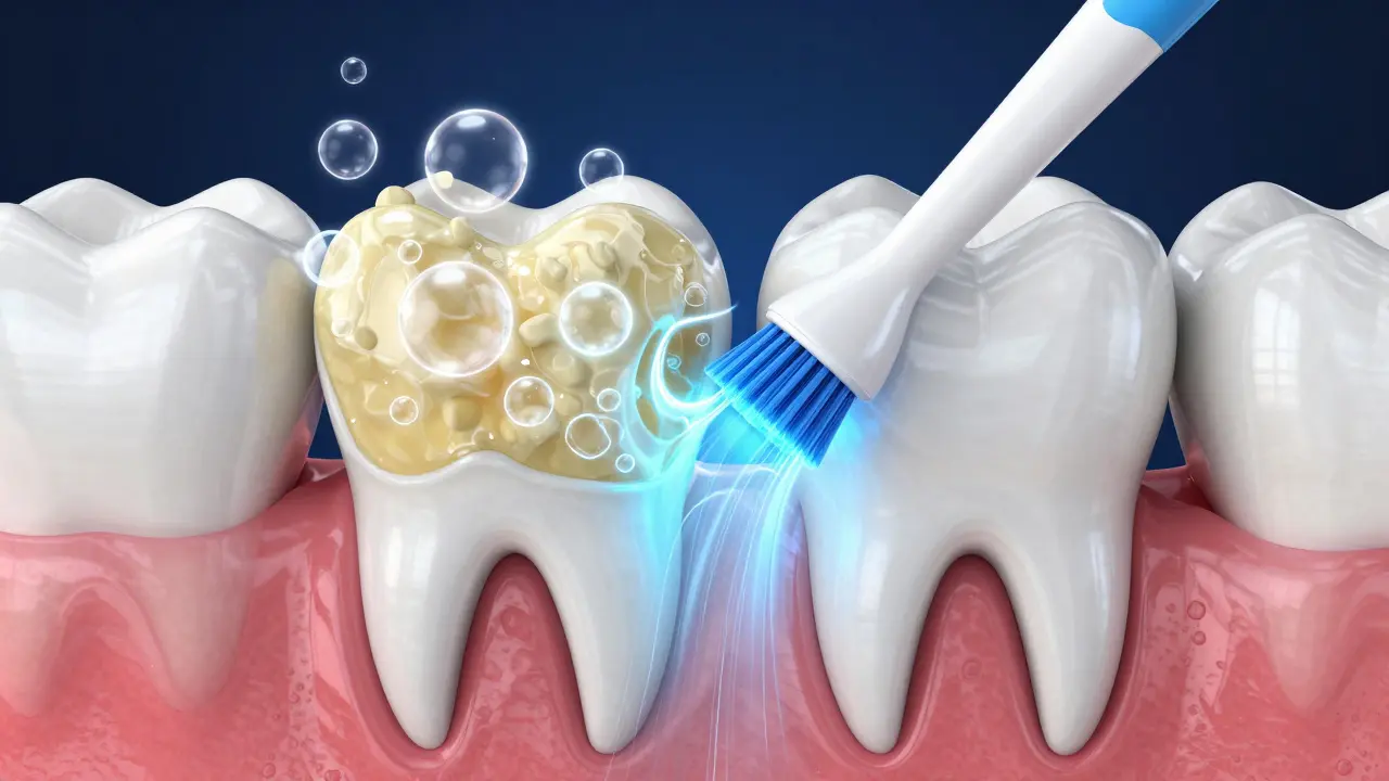 Konzepční schéma procesu kavitace a odstranění plaku pomocí sonických vln.