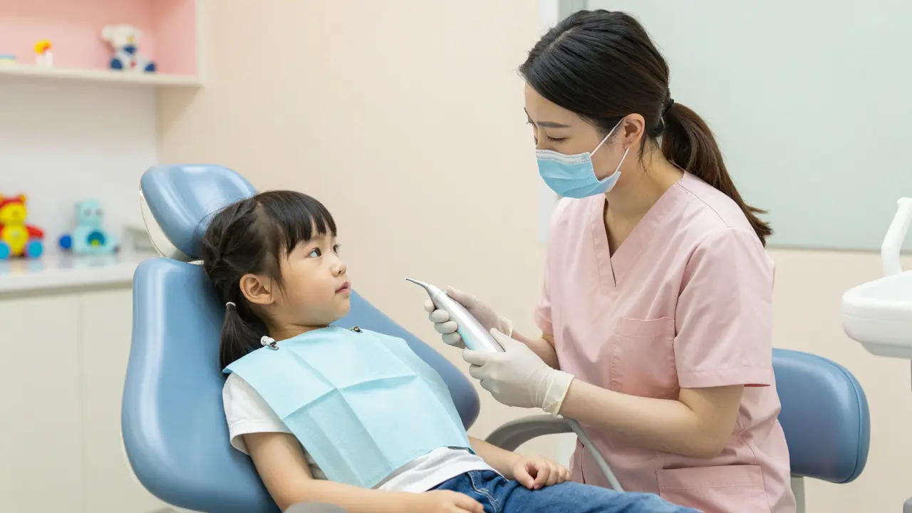 Kresba dětí v zubařské ordinaci s přátelskou hygienickou sestrou.