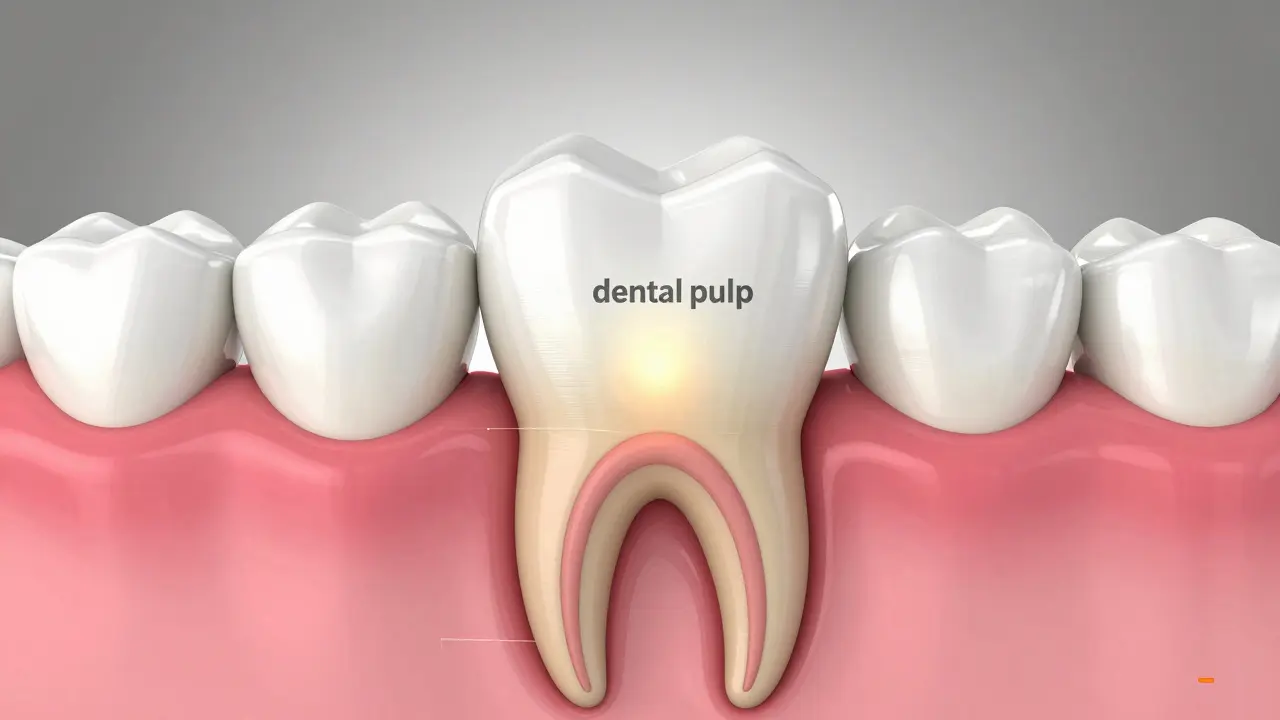 Kresba průřezu zubu s vyznačenou citlivou zubní pulpou pod korunkou.