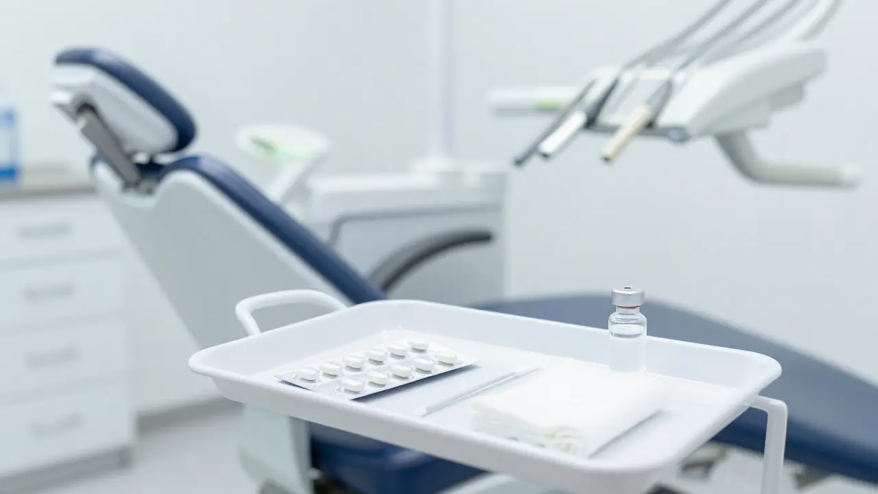 Léčivý dresink a antibiotika na sterilním podnosu v zubní ordinaci.