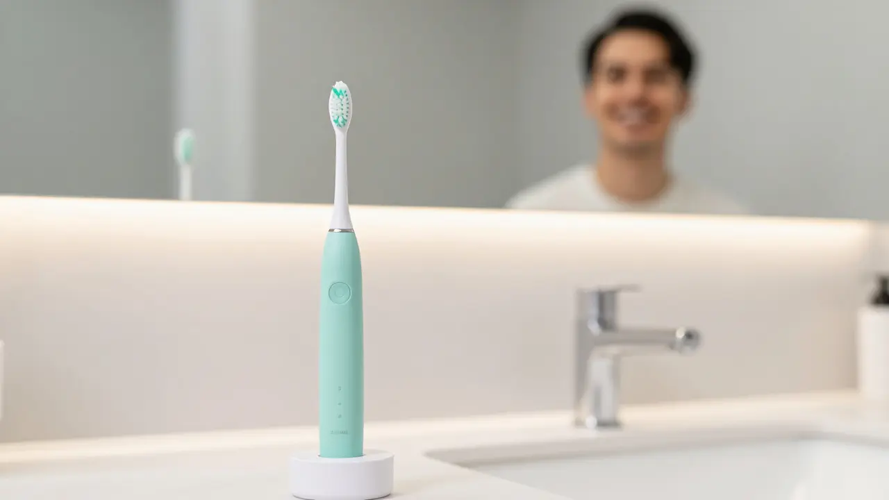 Moderní sonický kartáček v minimalistické koupelce symbolizující zdravý úsměv.