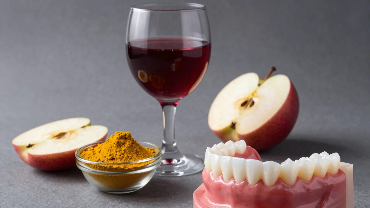 Potraviny s intenzivní barvou, jako červené víno a kurkuma, vedle detailu rovnátek.