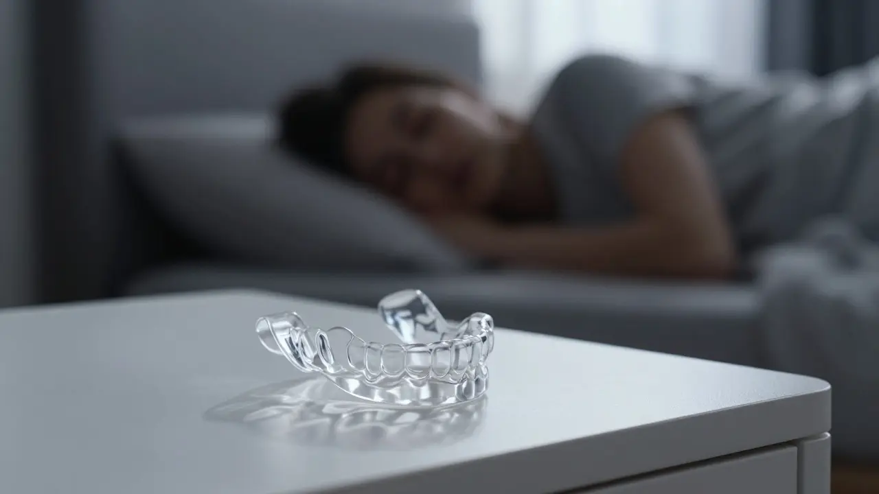 Průhledná ochranná dlahová kastra na nočním stolku vedle spící osoby.