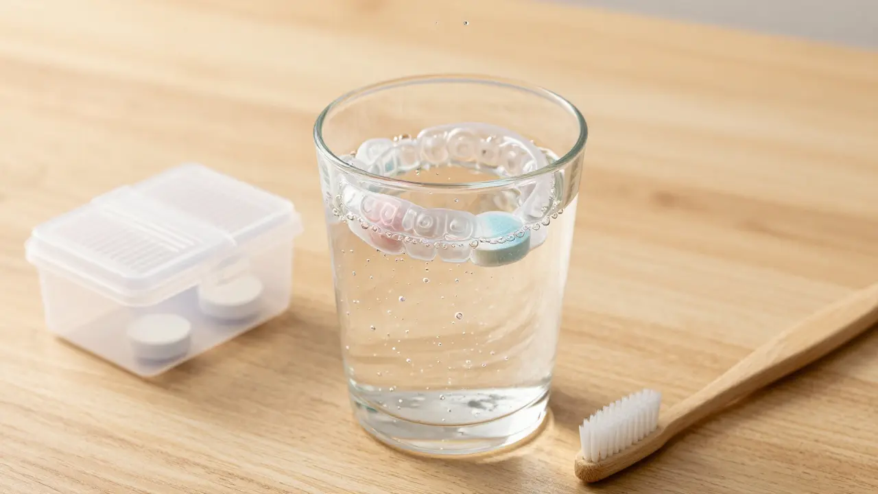 Rovnátka v mýdlové lázni s bublinkingami vedle ochranného plastového boxu.