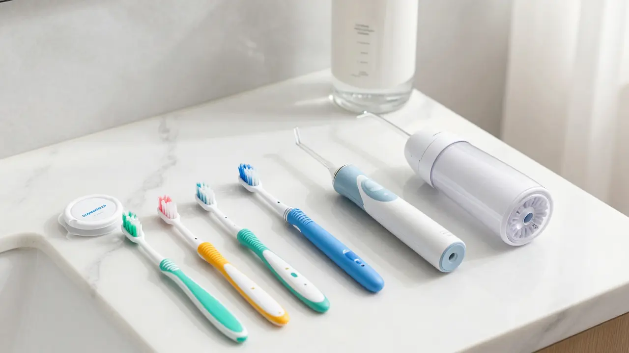 Sada pomůcek pro ústní hygienu včetně elektrického kartáčku a mezizubních kartáčků.