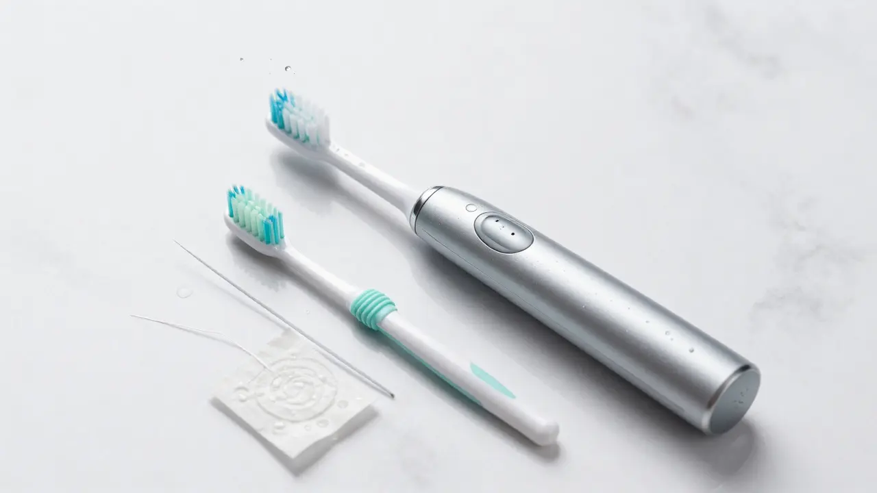 Sonický zubní kartáček, mezizubní kartáčky a dentální nit na mramoru.