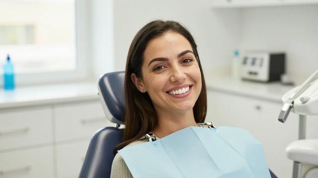 Spokojená žena s jasným úsměvem po provedení profesionální hygieny zubů v ordinaci.