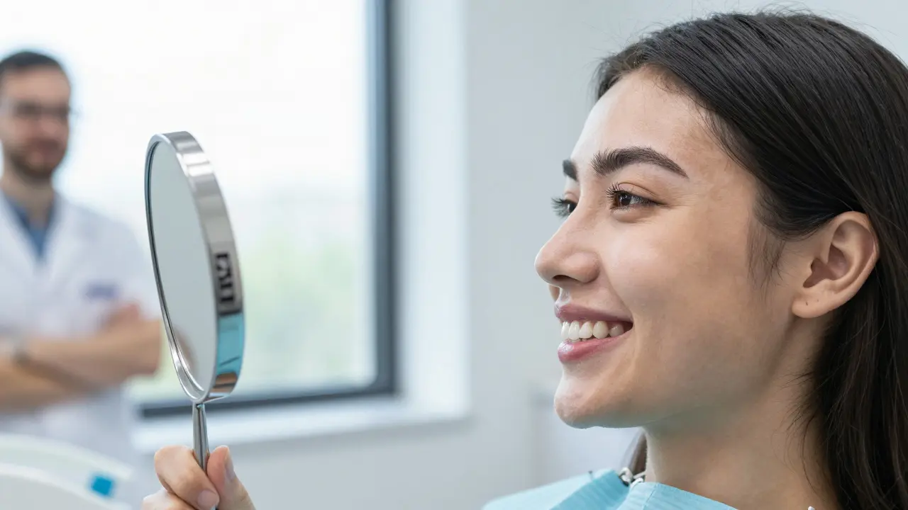 Spokojený pacient se dívá do zrcadla na svůj nový, estetický úsměv.