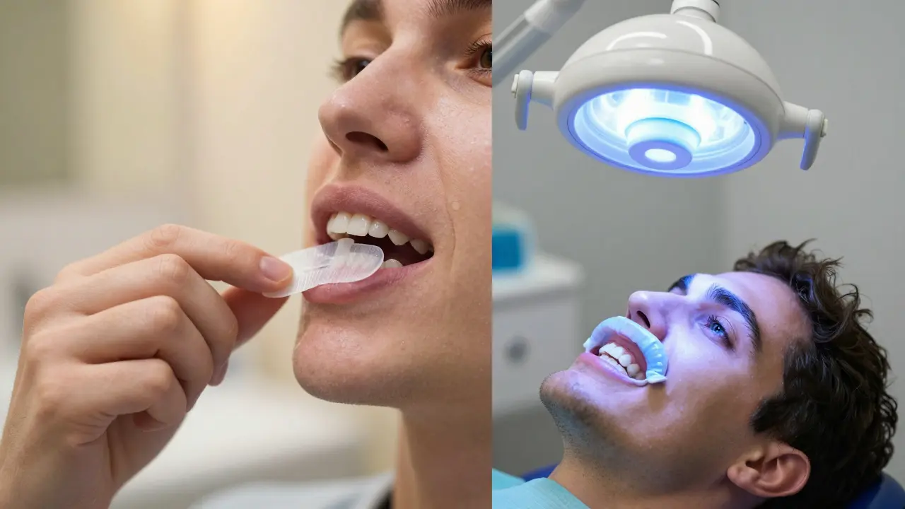 Srovnání domácí aplikace bělicích pásek a profesionálního bělení v klinice.