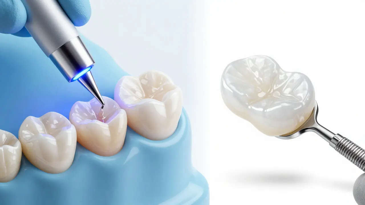 Srovnání procesu aplikace kompozitního bondingu a keramické fasety.