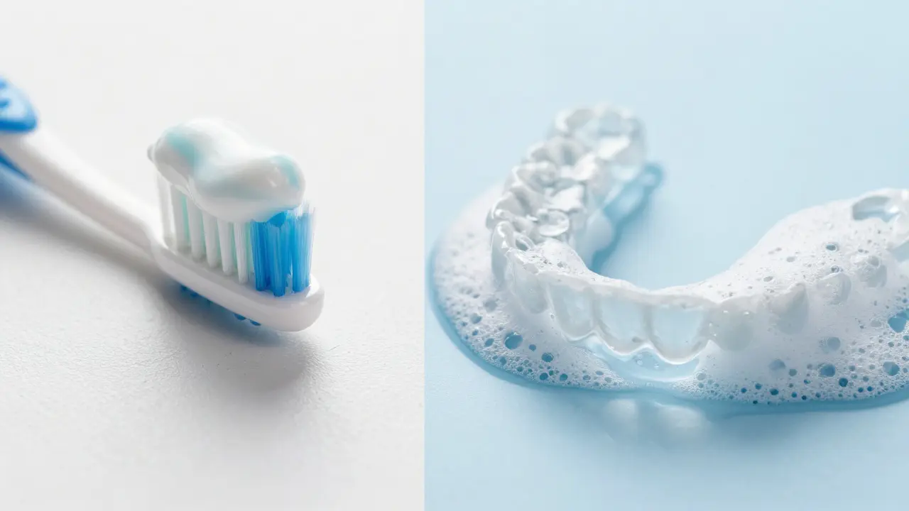 Srovnání škodlévé zubní pasty a jemného mýdla při čištění alignerů.