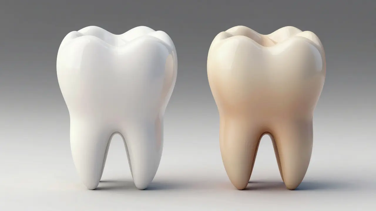 Srovnání zdravého bílého zubu a mrtvého zubu s šedou barvou.