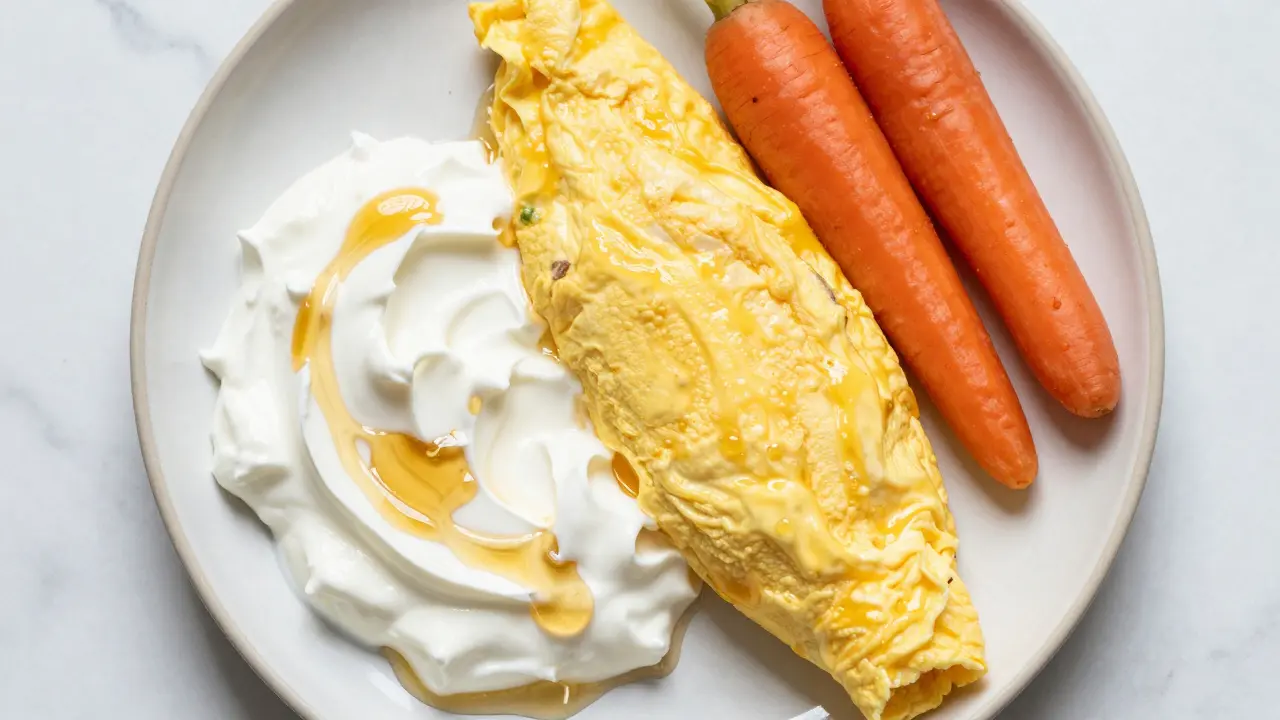 Tlačenice měkkých potravin jako jogurt a omeleta na mramorovém povrchu.