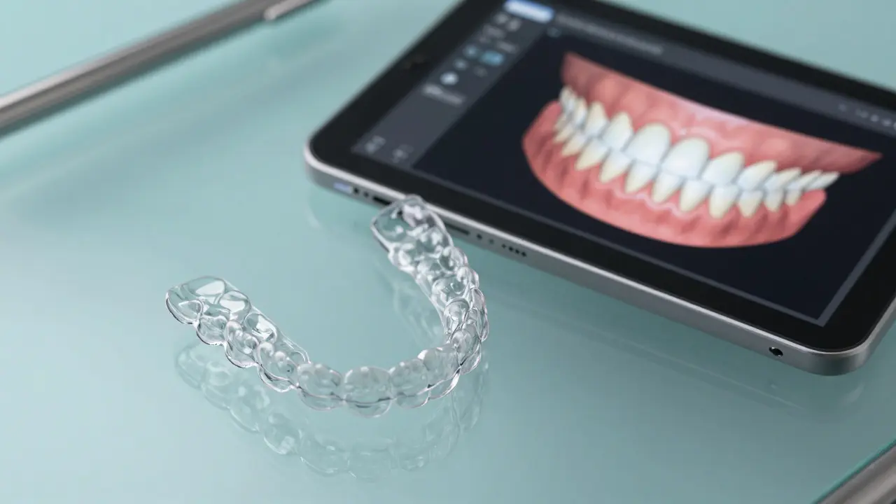 Transparentní alignery a digitální simulace rovného úsměvu na tabletu.