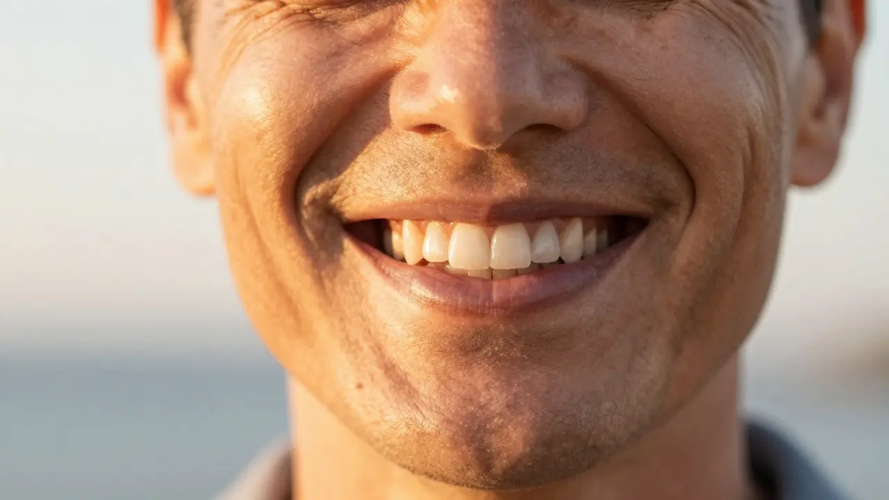 Úsměv spokojeného člověka s esteticky obnovenými zuby.