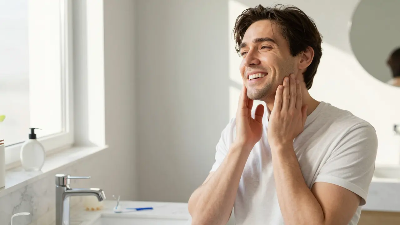 Usměvavá osoba s pocitem lehkosti a zdravými dásněmi v koupelně.
