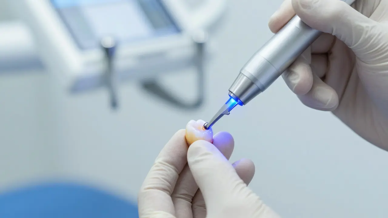 Zubní lékař používají modré UV světlo k ztvrdnutí kompozitní pryskyřice na zubu.