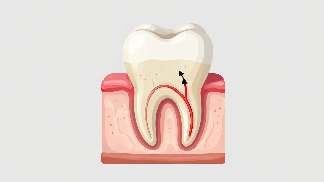 Anatomický průřez zubem ukazující citlivý dentin