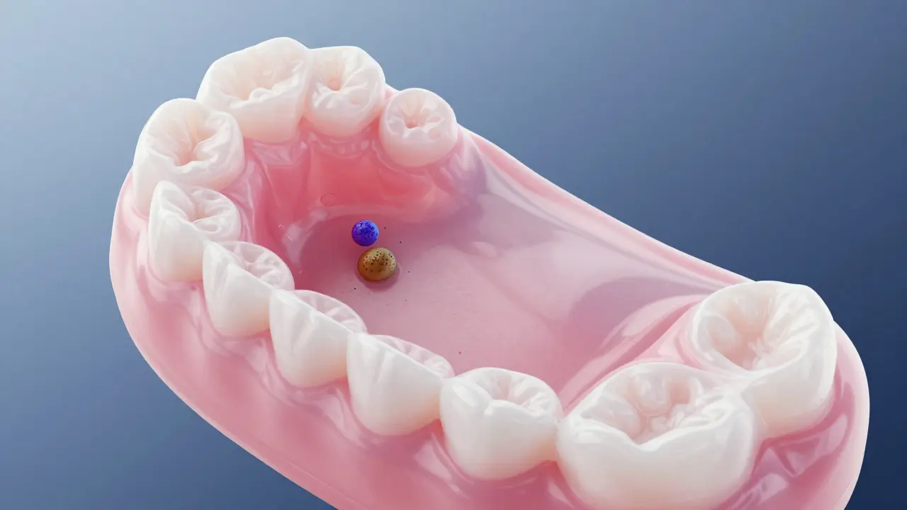 Detail materiálu dentury ukazující absorpci nečistot v pórech