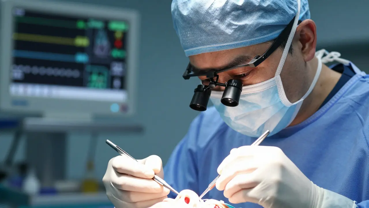 Maxilofaciální chirurg během operace v operačním sále