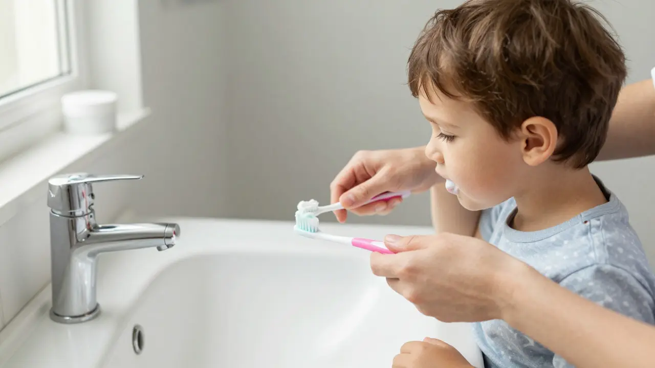 Rodič čistí dítěti zuby pastou v koupelně při ranní hygieně.
