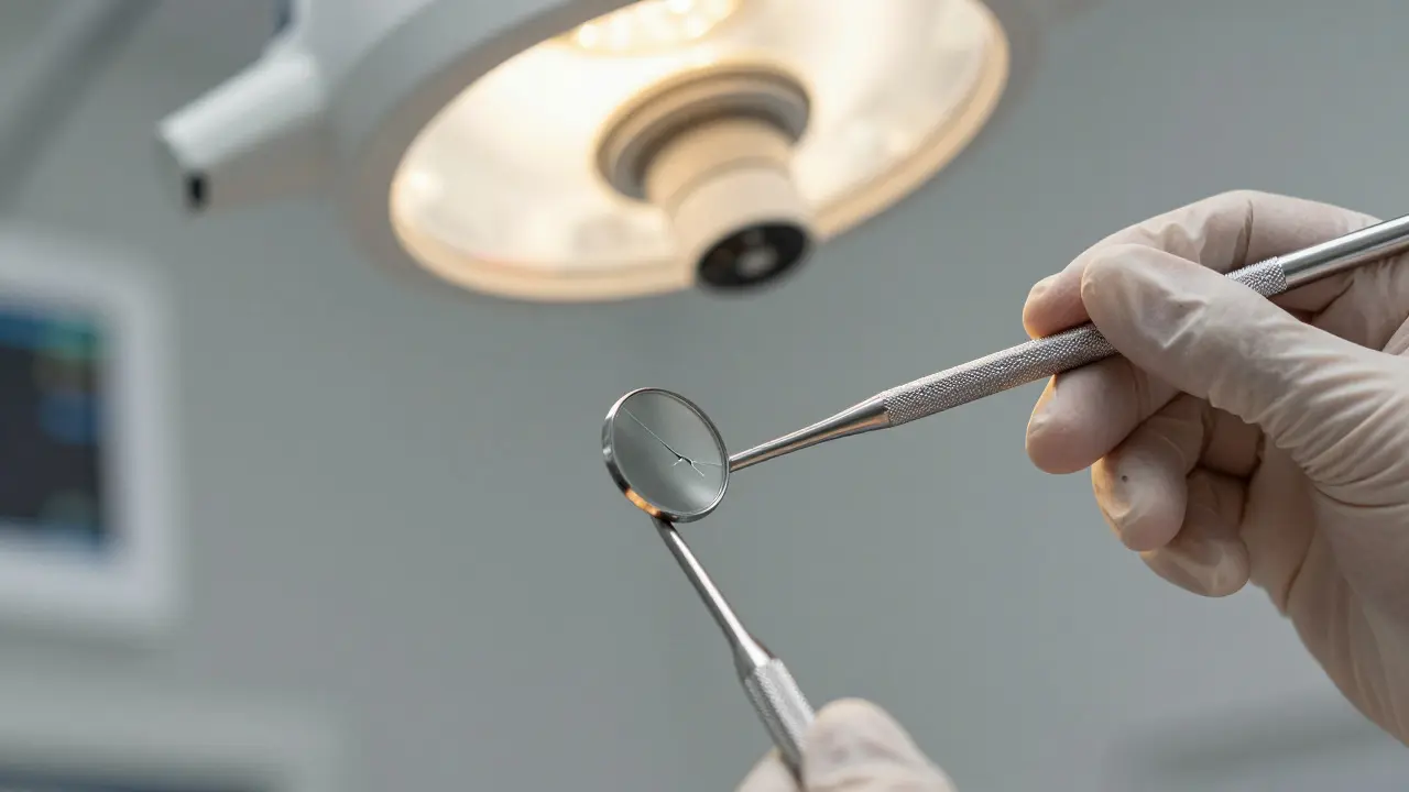 Ručka kontroluje okraj dentálního zrcátka pro bezpečnost
