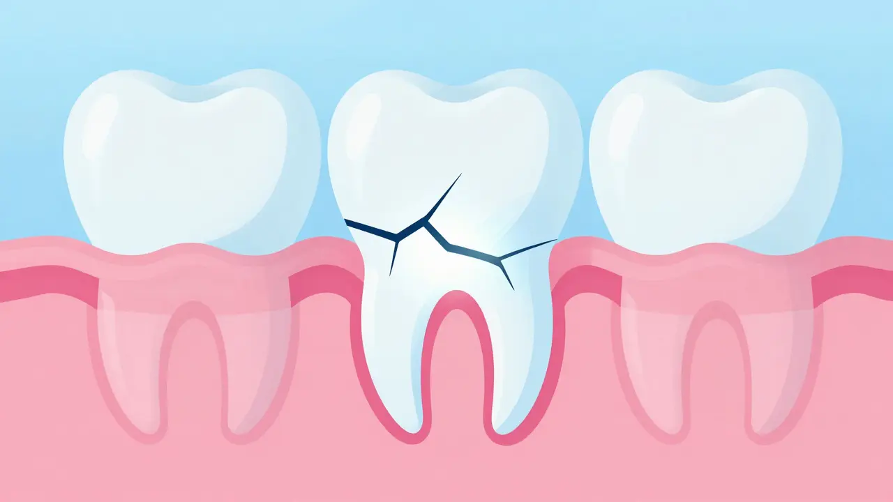 Schéma průřezu zubem ukazující prasklinu v dentinu