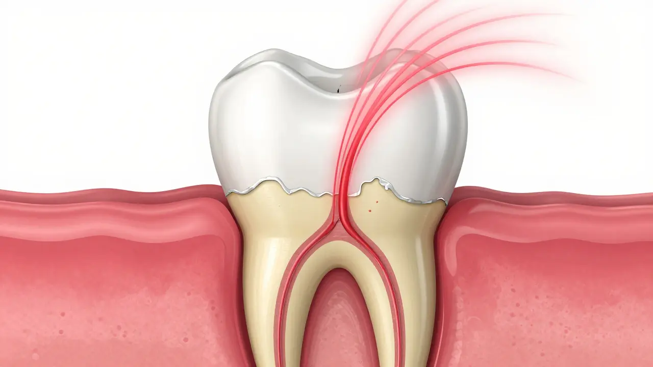 Schéma zubu ukazující odhalený dentin a nervové kanálky způsobující citlivost