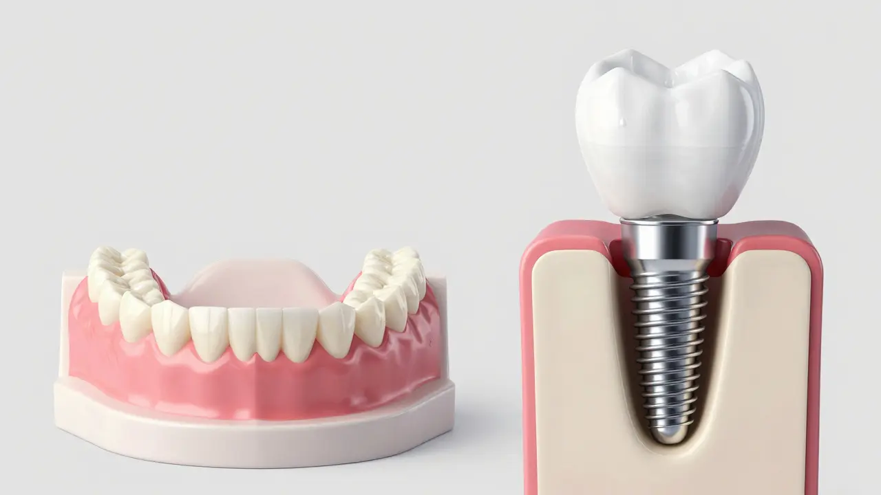 Srovnání opotřebované dentury a stabilního zubního implantátu