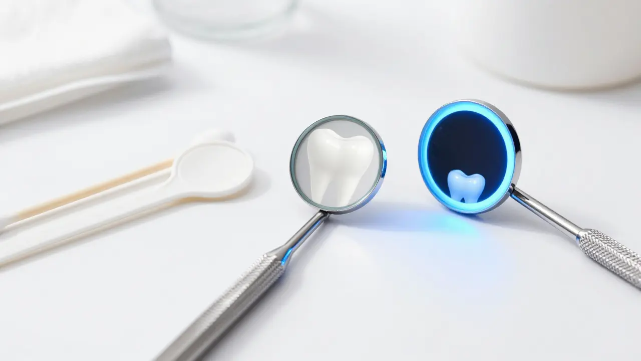 Srovnání typů dentálních zrcátek: kovová, plastová a světelná