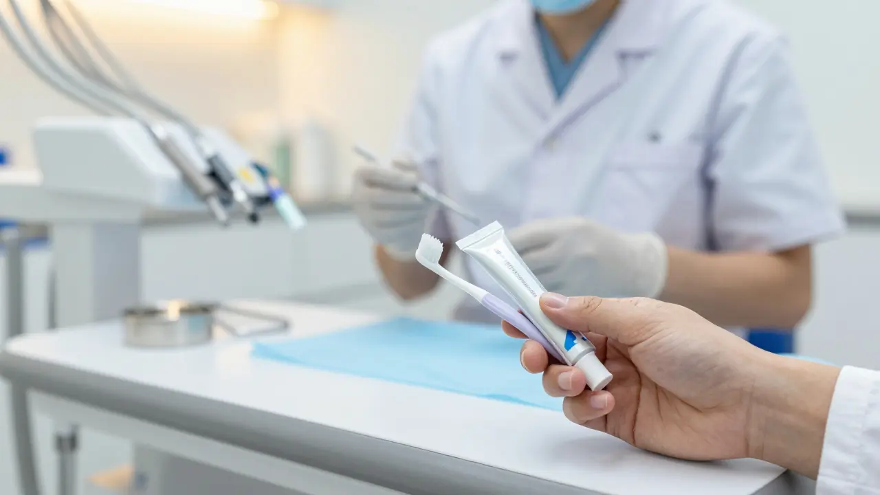 Zubní hygienistka připravuje nástroje v moderní ordinaci, v popředí fluoridový gel a mezizubní kartáček.