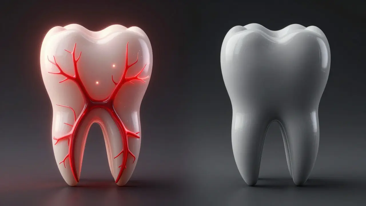 3D vizualizace srovnání zubu s živým nervem a zubu po vytažení nervu