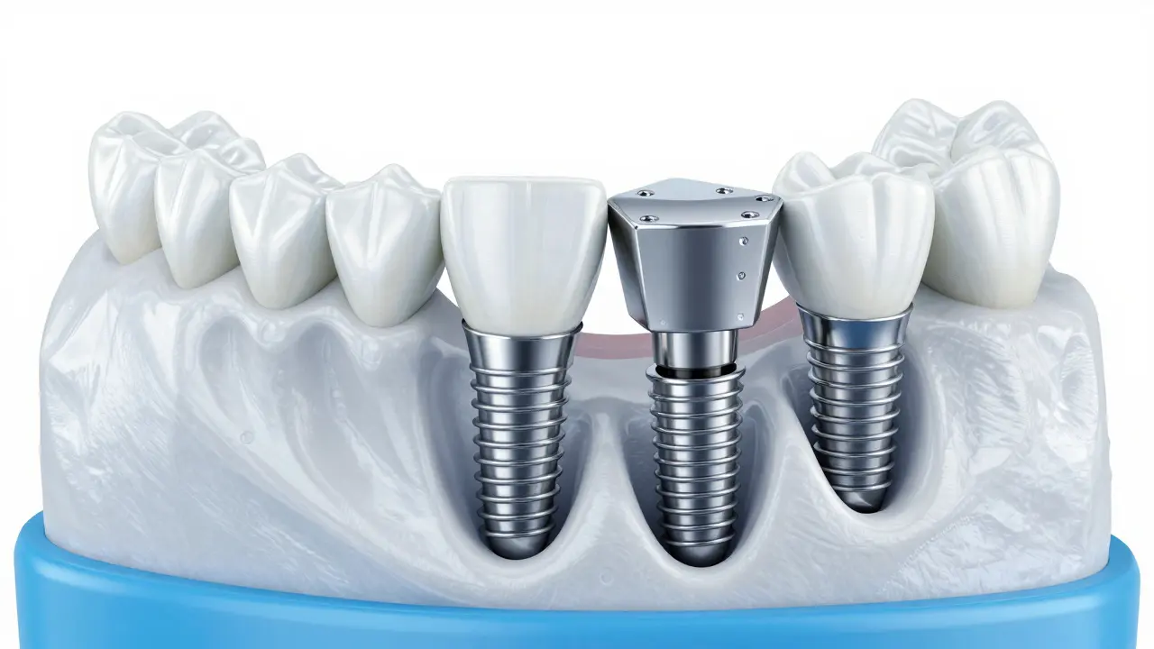 Anatomický pohled na titanové implantáty ukotvené v čelisti