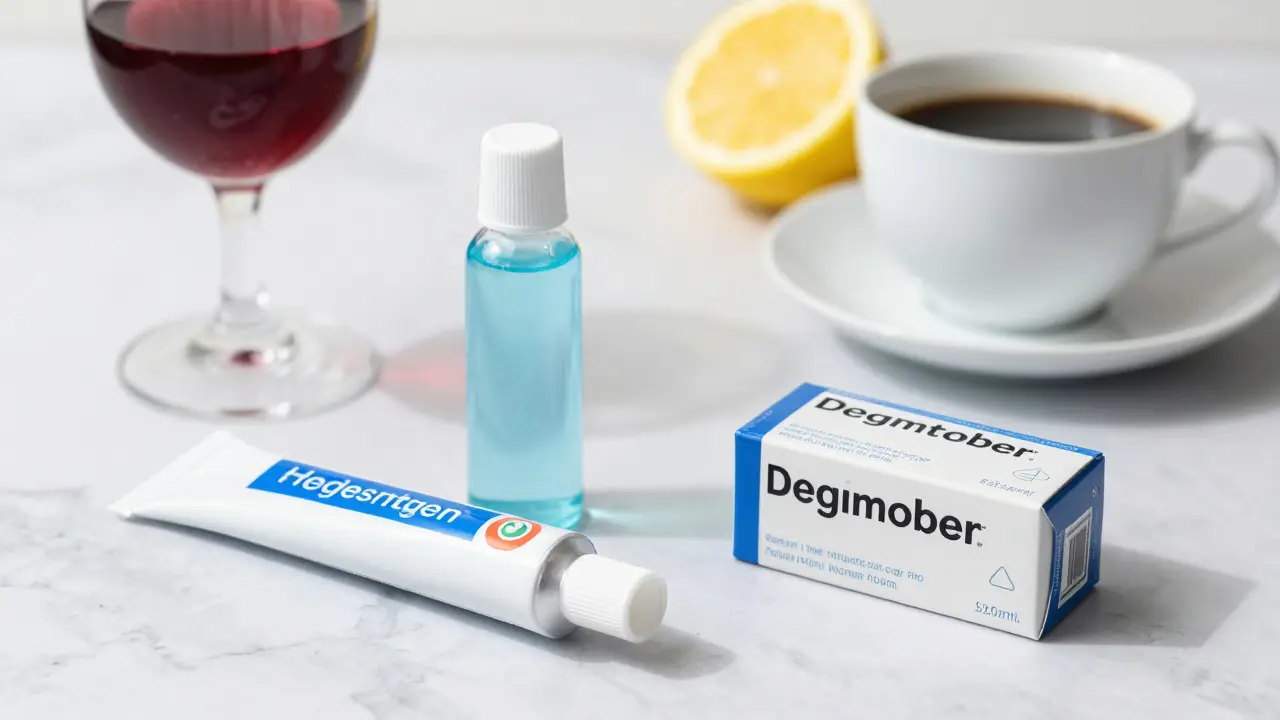 Bezpečné bělicí prostředky vedle kávové šálku a citronu na mramoru