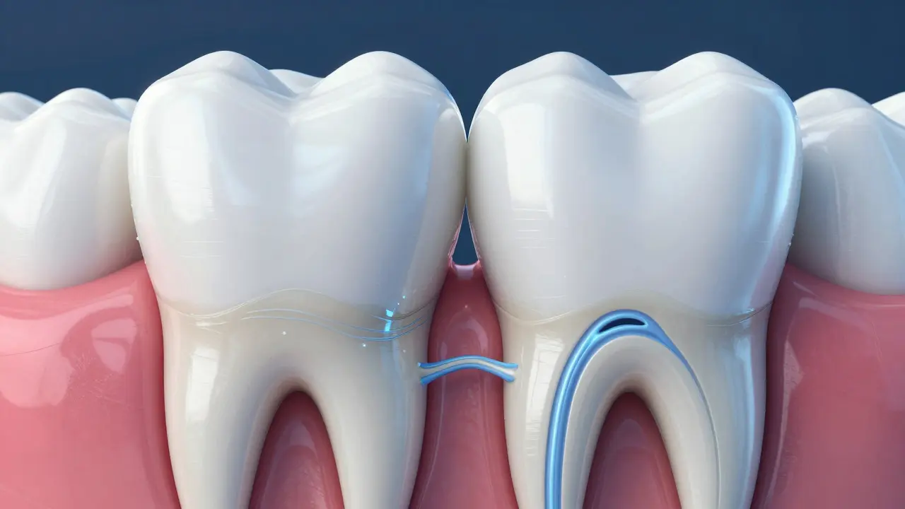 Detailní ilustrace erodované skloviny a citlivého dentinu předního zubu
