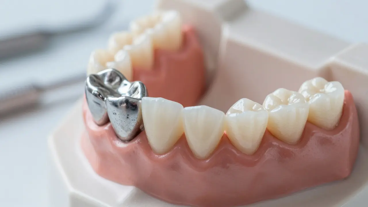Detailní pohled na různé typy zubních korunek od kovových po keramické