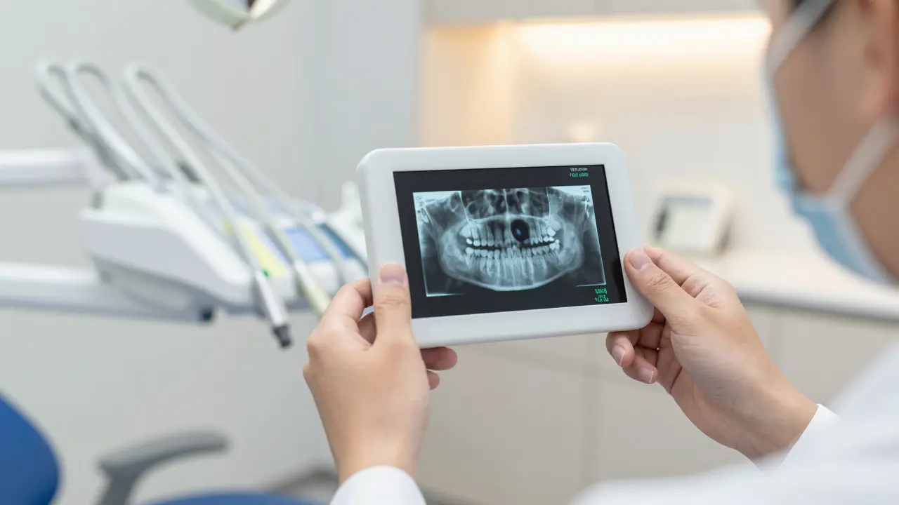 Digitální rentgen zobrazující absces u kořene zuba