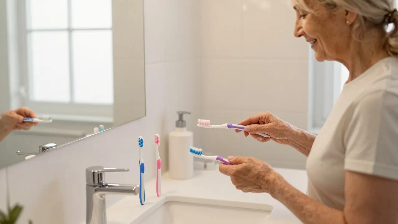 Senior žena používající různé velikosti mezizubních kartáčků u zrcadla