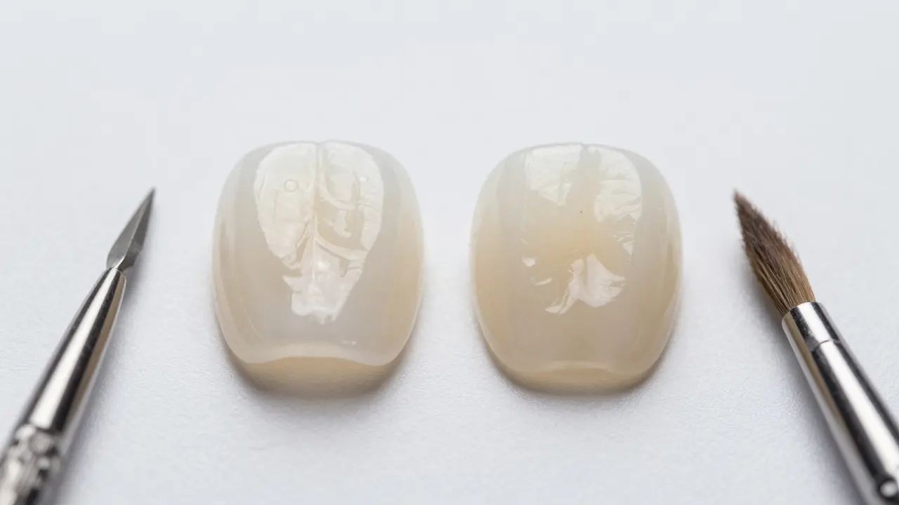 Srovnání porcelánové a kompozitní zubní fazety na bílém pozadí