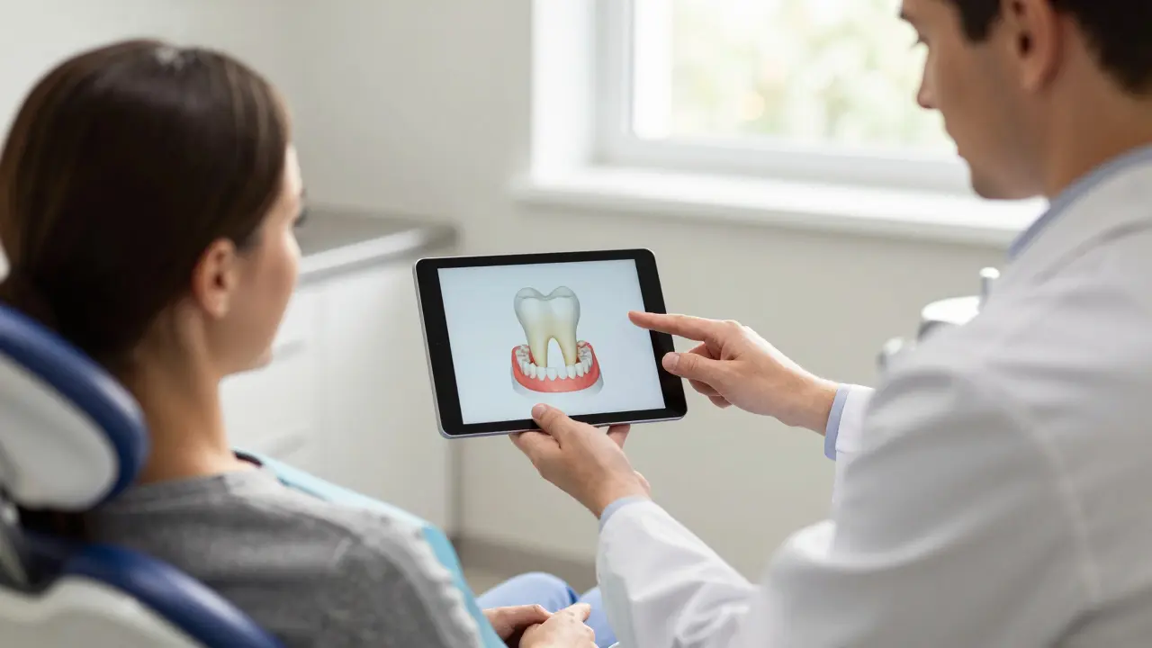 Stomatolog vysvětluje pacientovi plán léčby pomocí digitálního modelu na tabletu