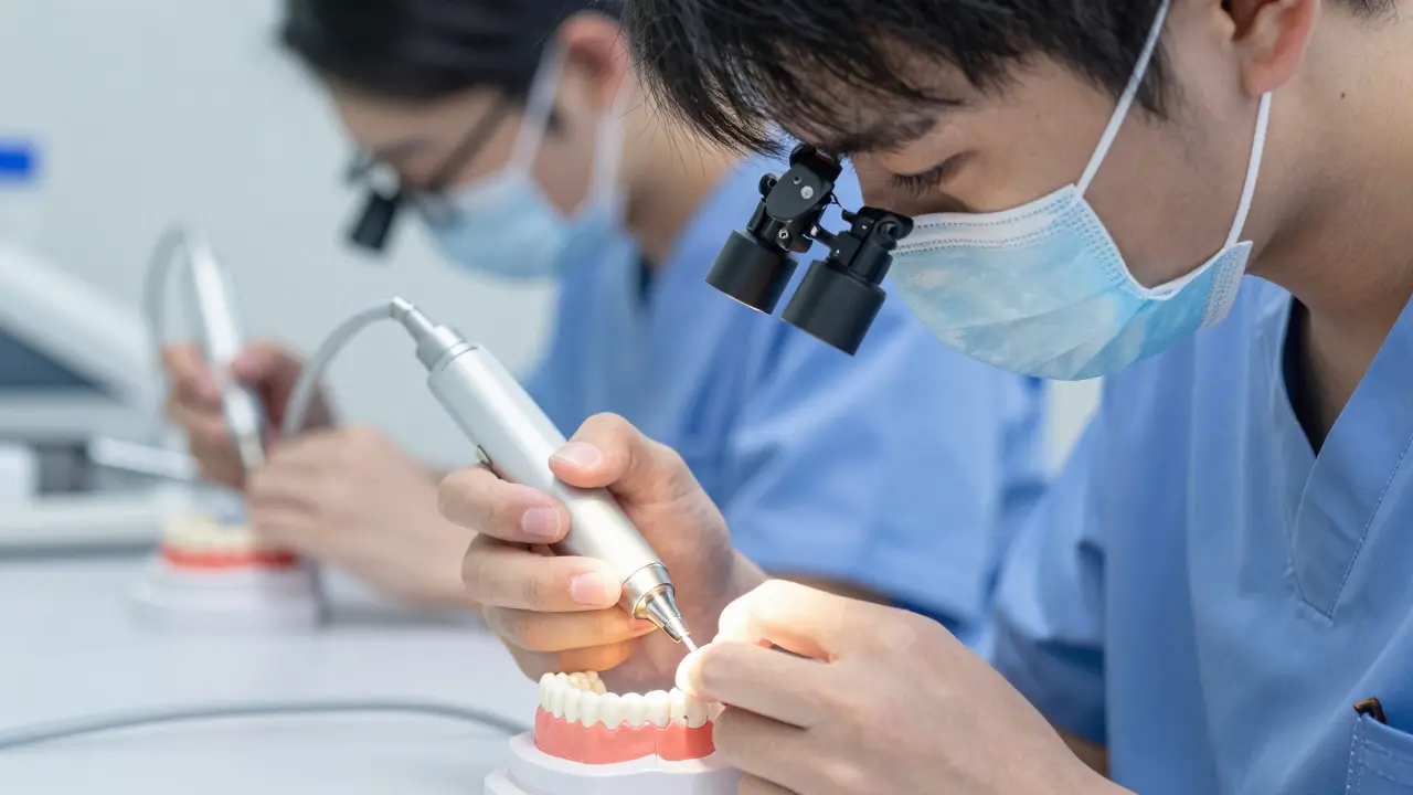 Studentka dentální hygieny cvičí práci s ultrazvukovým škrabkem na modelu zubů.