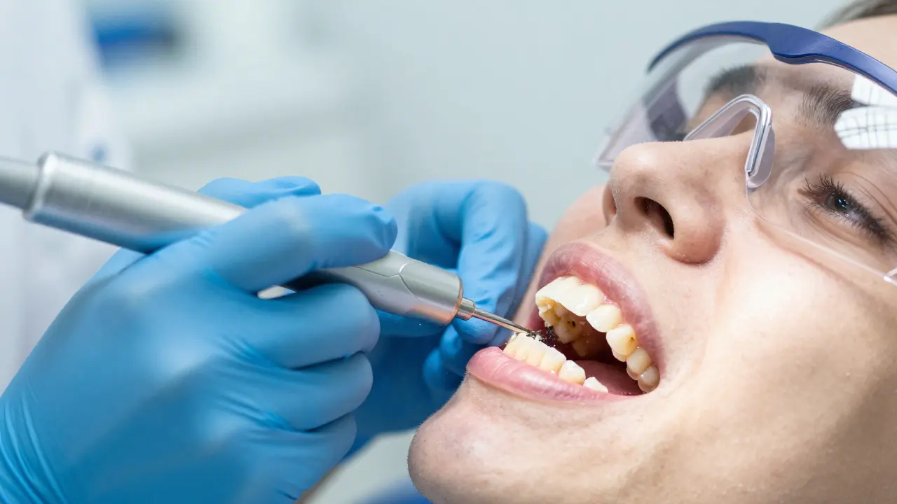 Zubní hygienista čistí zuby ultrazvukem