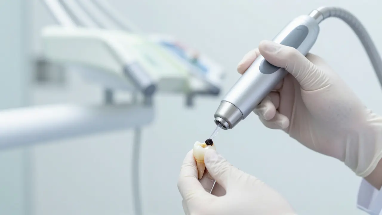 Zubní hygienista odstraňuje kámen ultrazvukovým skalpelem