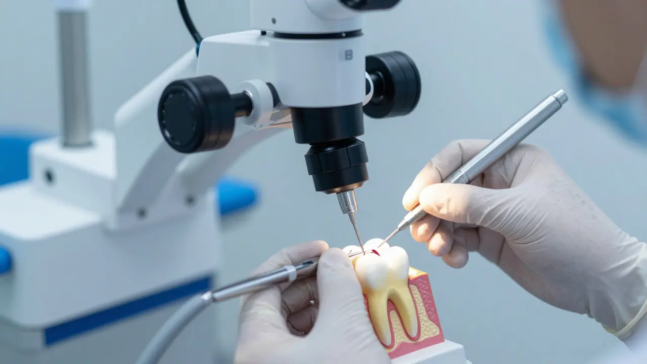 Zubní lékař provádí endodontickou léčbu pod mikroskopem v ordinaci