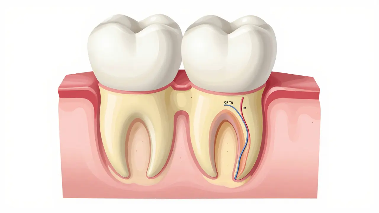 Anatomický průřez zubem ukazující email, dentinu a pulpu