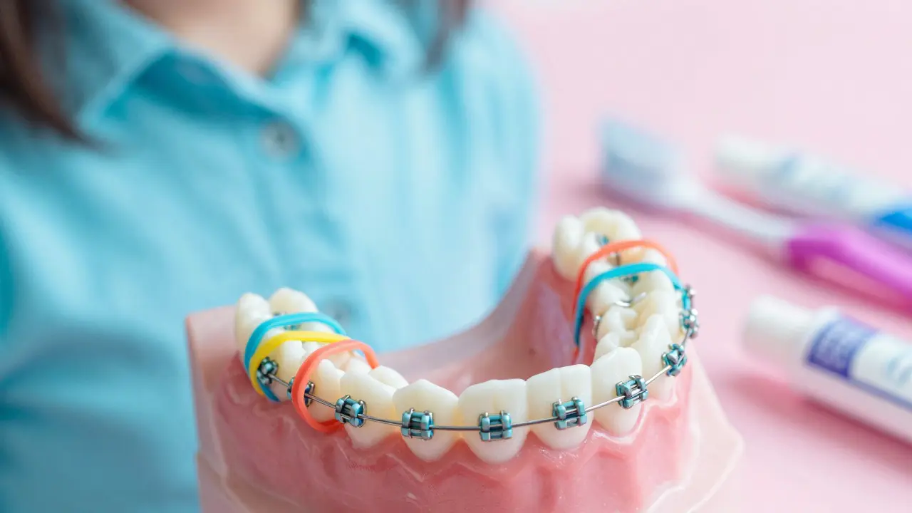 Detail barevných gumíček na rovnátkách s hygienickými doplňky poblíž.