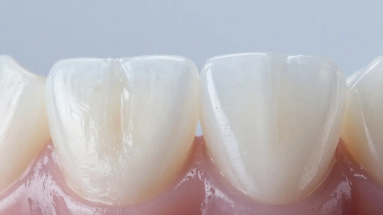 Detail keramické fazety na zubu ukazující estetickou úpravu
