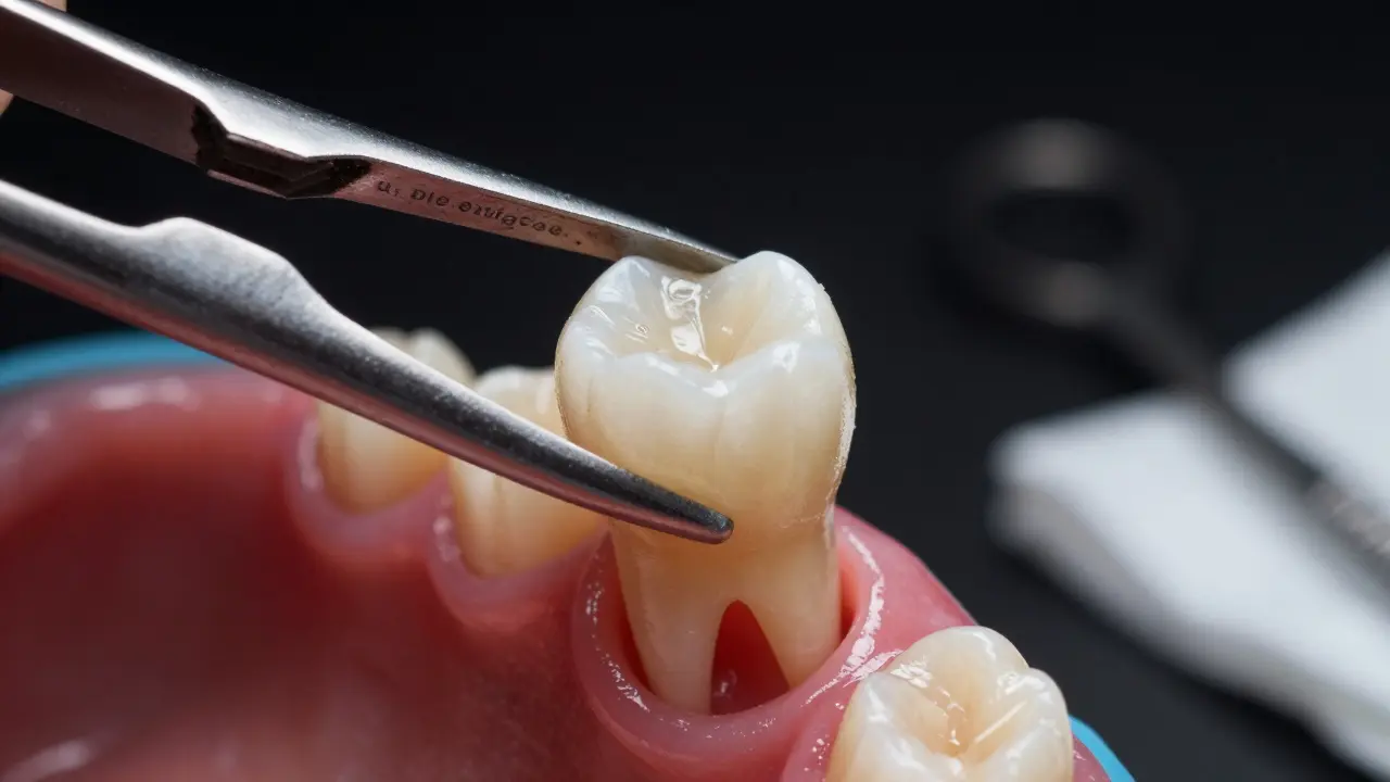 Detailní záběr zubních kleští držících vytržený zub